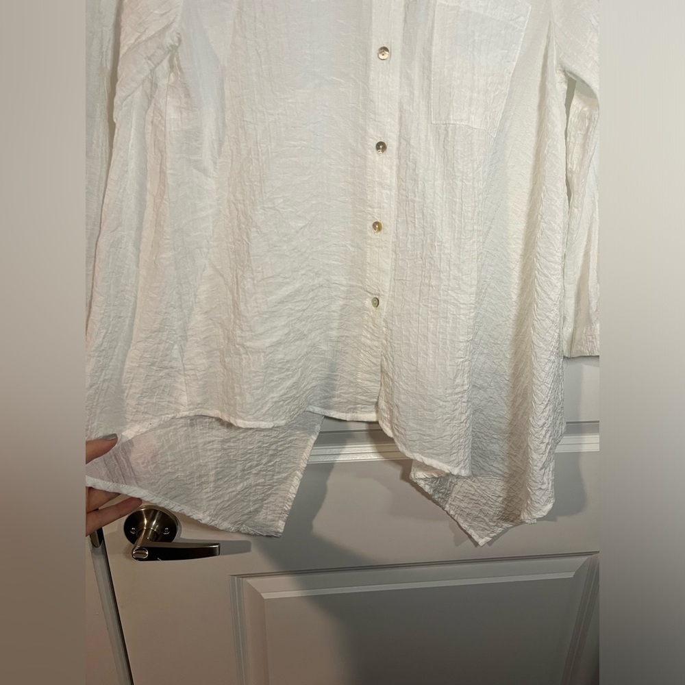 Pink Ripple White Flowy Real Shell Button Down Collared Blouse Size Small - Picture 12 of 14